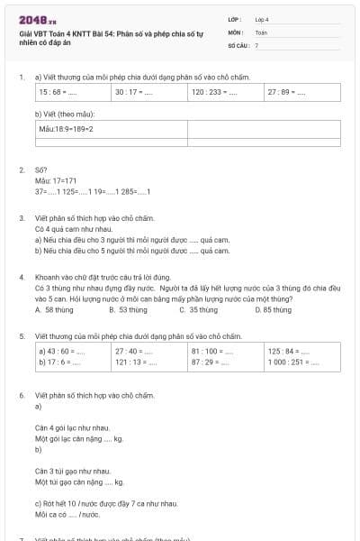 Giải VBT Toán 4 KNTT Bài 54: Phân số và phép chia số tự nhiên có đáp án