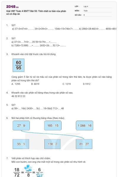 Giải VBT Toán 4 KNTT Bài 55: Tính chất cơ bản của phân số có đáp án