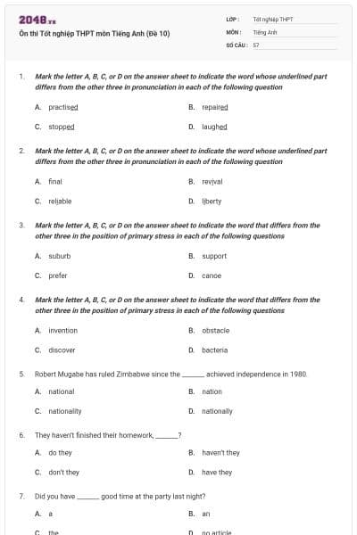 Ôn thi Tốt nghiệp THPT môn Tiếng Anh (Đề 10)
