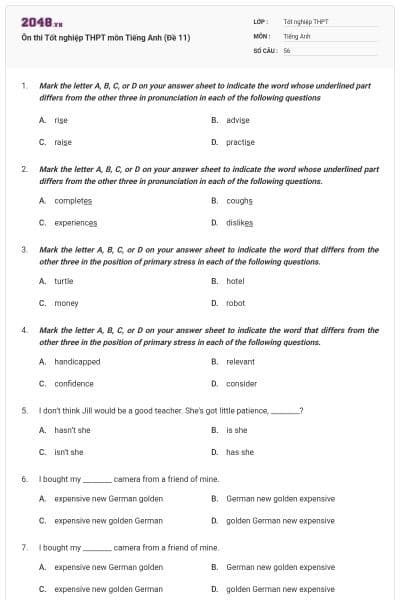 Ôn thi Tốt nghiệp THPT môn Tiếng Anh (Đề 11)