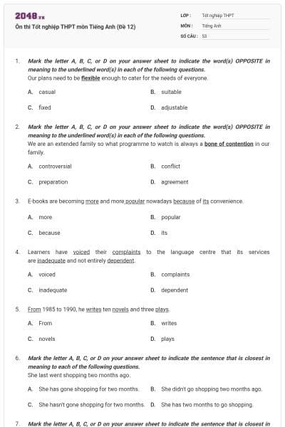 Ôn thi Tốt nghiệp THPT môn Tiếng Anh (Đề 12)