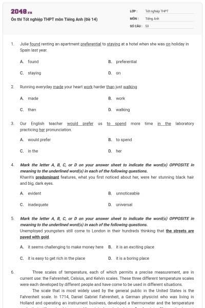 Ôn thi Tốt nghiệp THPT môn Tiếng Anh (Đề 14)
