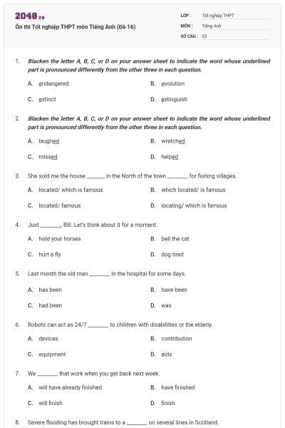 Ôn thi Tốt nghiệp THPT môn Tiếng Anh (Đề 16)