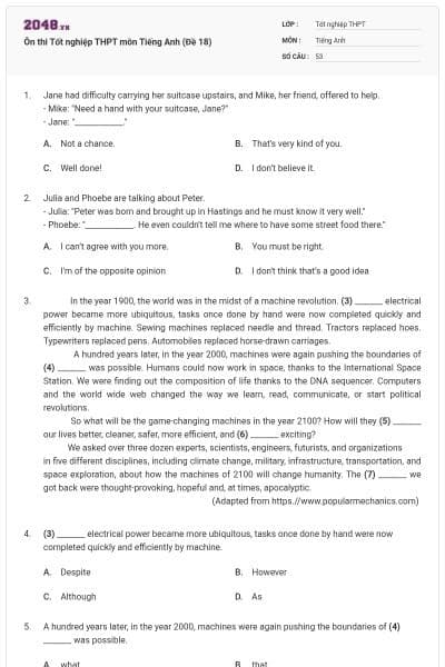 Ôn thi Tốt nghiệp THPT môn Tiếng Anh (Đề 18)