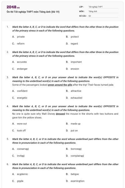 Ôn thi Tốt nghiệp THPT môn Tiếng Anh (Đề 19)