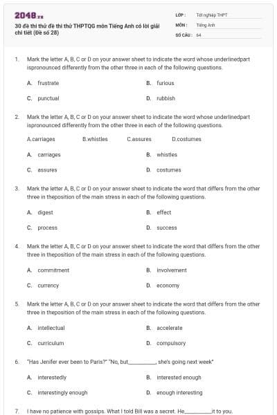 30 đề thi thử đề thi thử THPTQG môn Tiếng Anh có lời giải chi tiết (Đề số 28)