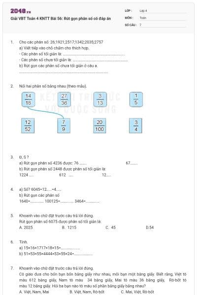 Giải VBT Toán 4 KNTT Bài 56: Rút gọn phân số có đáp án