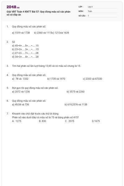 Giải VBT Toán 4 KNTT Bài 57: Quy đồng mẫu số các phân số có đáp án