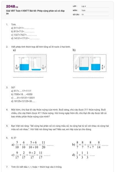 Giải VBT Toán 4 KNTT Bài 60: Phép cộng phân số có đáp án