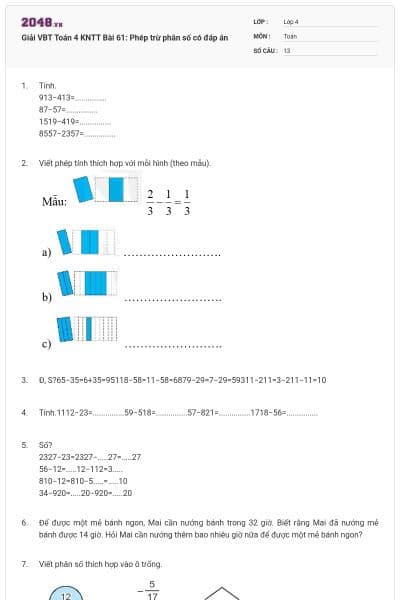 Giải VBT Toán 4 KNTT Bài 61: Phép trừ phân số có đáp án