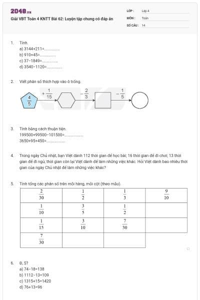 Giải VBT Toán 4 KNTT Bài 62: Luyện tập chung có đáp án