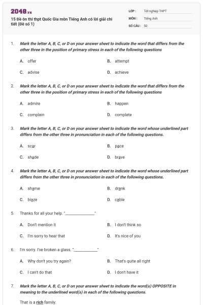 15 Đề ôn thi thpt Quốc Gia môn Tiếng Anh có lời giải chi tiết (Đề số 1)