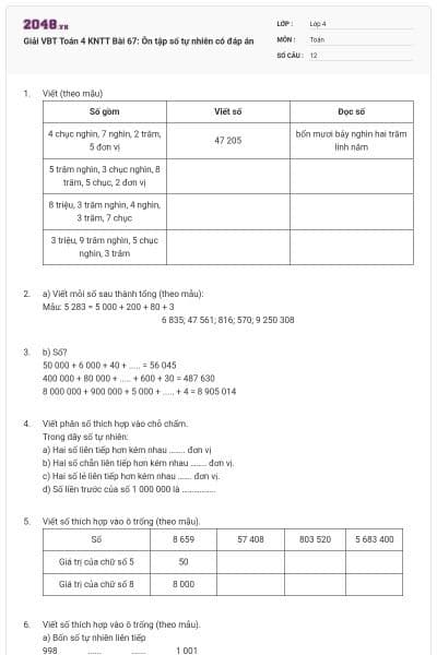 Giải VBT Toán 4 KNTT Bài 67: Ôn tập số tự nhiên có đáp án