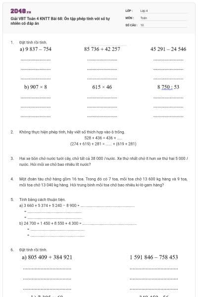 Giải VBT Toán 4 KNTT Bài 68: Ôn tập phép tính với số tự nhiên có đáp án