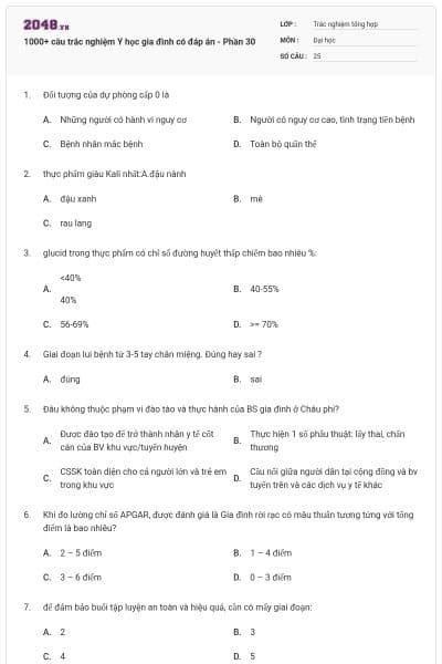 1000+ câu trắc nghiệm Y học gia đình có đáp án - Phần 30