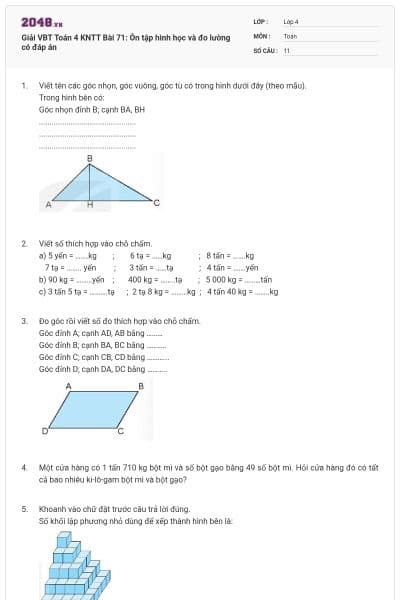 Giải VBT Toán 4 KNTT Bài 71: Ôn tập hình học và đo lường có đáp án