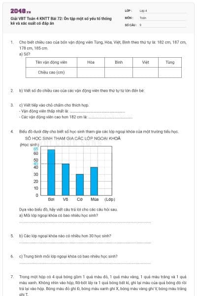 Giải VBT Toán 4 KNTT Bài 72: Ôn tập một số yếu tố thống kê và xác suất có đáp án