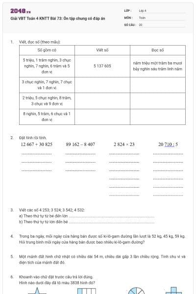 Giải VBT Toán 4 KNTT Bài 73: Ôn tập chung có đáp án