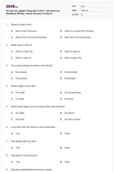 20 câu trắc nghiệm Tiếng Anh 5 Unit 1: All about me-Reading & Writing- Global Success có đáp án