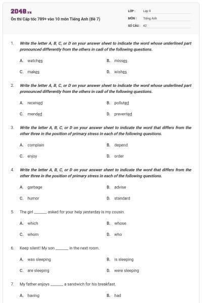 Ôn thi Cấp tốc 789+ vào 10 môn Tiếng Anh (Đề 7)