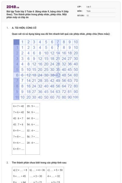 Bài tập Toán lớp 3 Tuần 6 .Bảng nhân 9, bảng chia 9 (tiếp theo). Tìm thành phần trong phép nhân, phép chia. Một phần mấy có đáp án