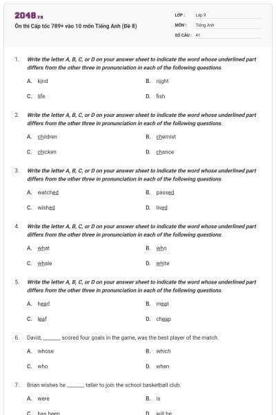 Ôn thi Cấp tốc 789+ vào 10 môn Tiếng Anh (Đề 8)