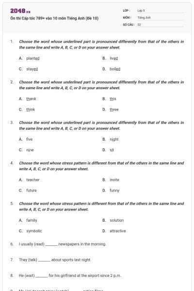 Ôn thi Cấp tốc 789+ vào 10 môn Tiếng Anh (Đề 10)