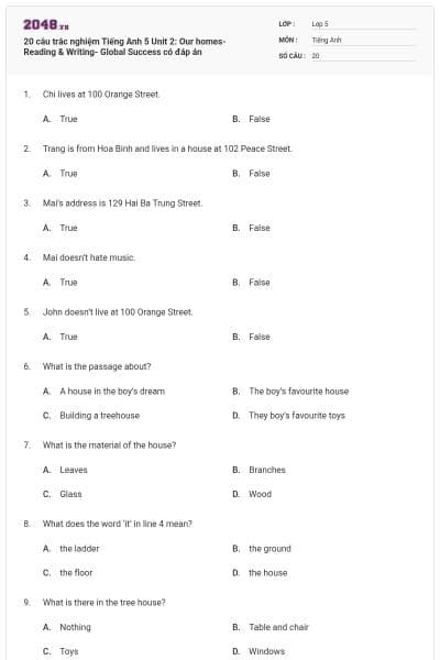 20 câu trắc nghiệm Tiếng Anh 5 Unit 2: Our homes-Reading & Writing- Global Success có đáp án