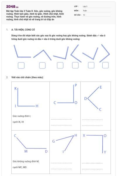 Bài tập Toán lớp 3 Tuần 8. Góc, góc vuông, góc không vuông. Hình tam giác, hình tứ giác. Hình chữ nhật, hình vuông. Thực hành vẽ góc vuông, vẽ đường tròn, hình vuông, hình chữ nhật và vẽ trang trí có đáp án