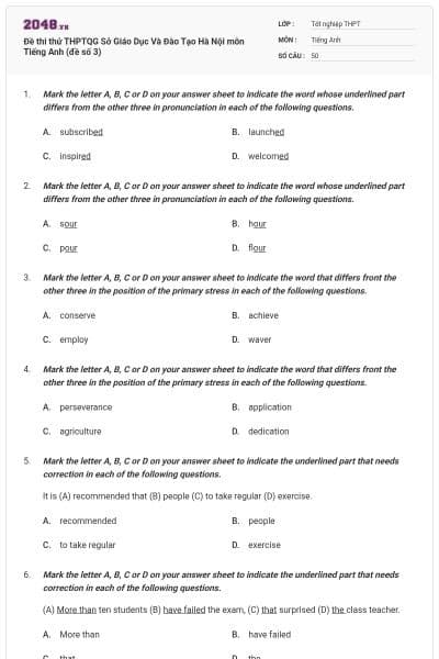 Đề thi thử THPTQG Sở Giáo Dục Và Đào Tạo Hà Nội môn Tiếng Anh (đề số 3)