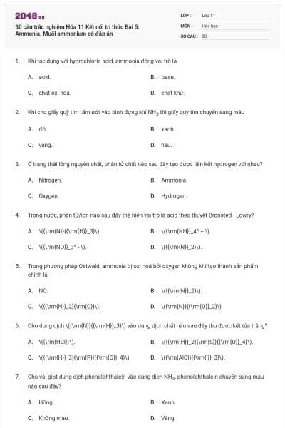 30 câu trắc nghiệm Hóa 11 Kết nối tri thức Bài 5: Ammonia. Muối ammonium có đáp án