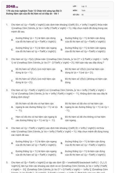 178 câu trắc nghiệm Toán 12 Chân trời sáng tạo Bài 3: Đường tiệm cận của đồ thị hàm số có đáp án - Đề 1