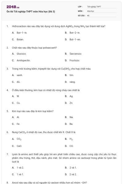 Ôn thi Tốt nghiệp THPT môn Hóa học (Đề 3)