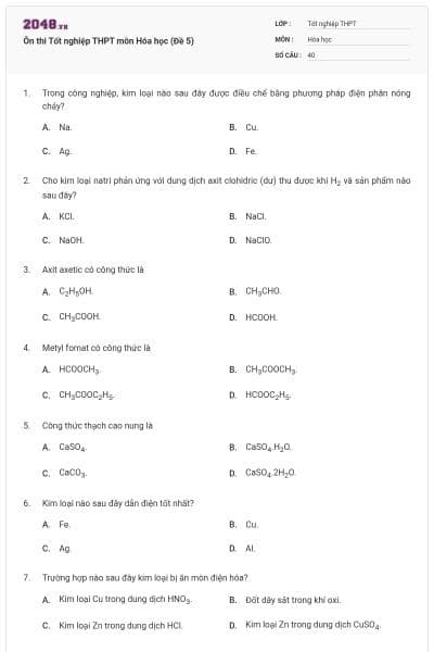 Ôn thi Tốt nghiệp THPT môn Hóa học (Đề 5)