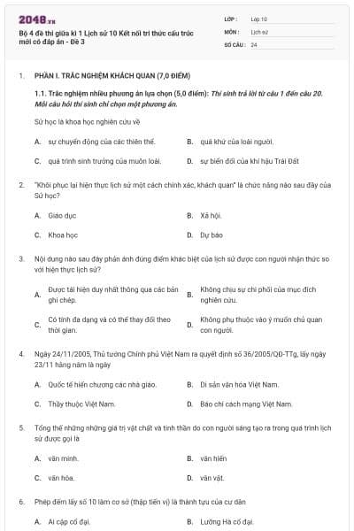 Bộ 4 đề thi giữa kì 1 Lịch sử 10 Kết nối tri thức cấu trúc mới có đáp án - Đề 3