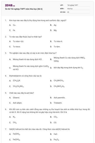 Ôn thi Tốt nghiệp THPT môn Hóa học (Đề 6)