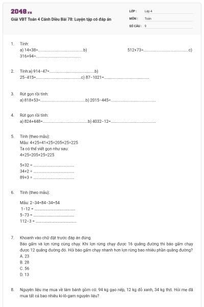 Giải VBT Toán 4 Cánh Diều Bài 78: Luyện tập có đáp án