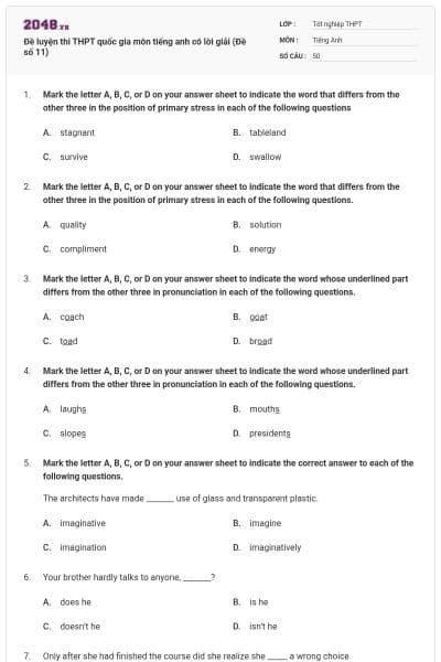 Đề luyện thi THPT quốc gia môn tiếng anh có lời giải (Đề số 11)