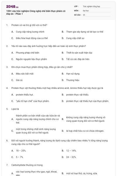 100+ câu trắc nghiệm Công nghệ chế biến thực phẩm có đáp án - Phần 1