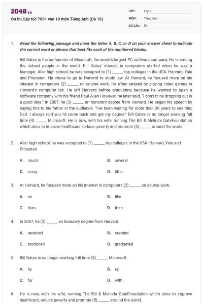 Ôn thi Cấp tốc 789+ vào 10 môn Tiếng Anh (Đề 16)