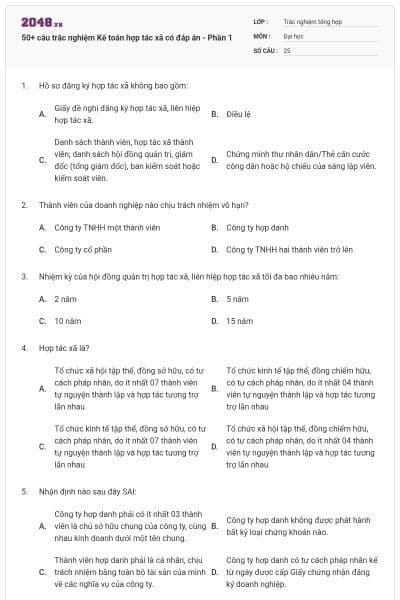 50+ câu trắc nghiệm Kế toán hợp tác xã có đáp án - Phần 1