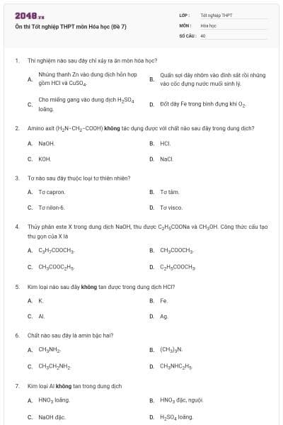 Ôn thi Tốt nghiệp THPT môn Hóa học (Đề 7)