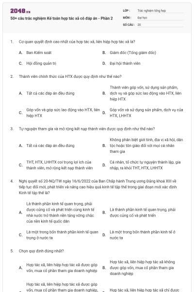 50+ câu trắc nghiệm Kế toán hợp tác xã có đáp án - Phần 2