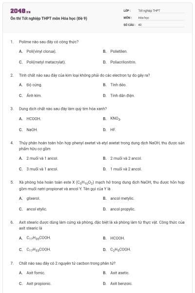 Ôn thi Tốt nghiệp THPT môn Hóa học (Đề 9)