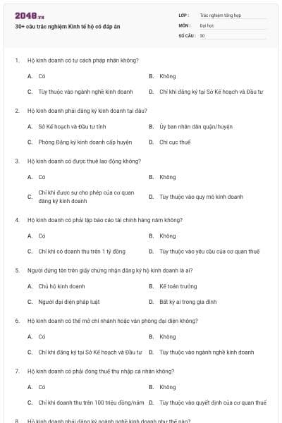 30+ câu trắc nghiệm Kinh tế hộ có đáp án