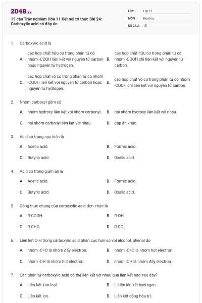 15 câu Trắc nghiệm Hóa 11 Kết nối tri thức Bài 24: Carboxylic acid có đáp án