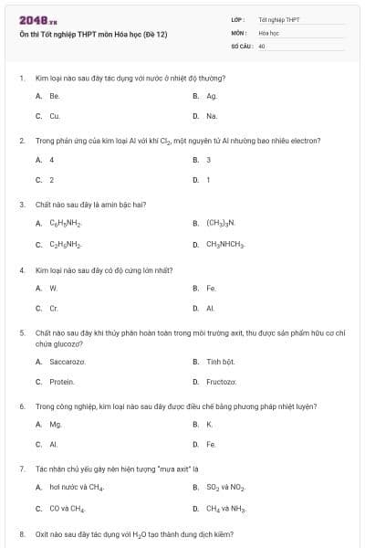 Ôn thi Tốt nghiệp THPT môn Hóa học (Đề 12)