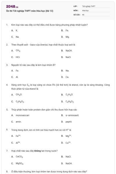 Ôn thi Tốt nghiệp THPT môn Hóa học (Đề 13)