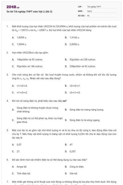 Ôn thi Tốt nghiệp THPT môn Vật Lí (Đề 3)