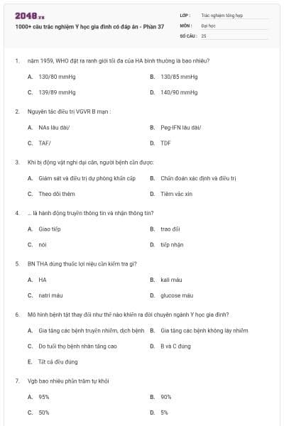 1000+ câu trắc nghiệm Y học gia đình có đáp án - Phần 37